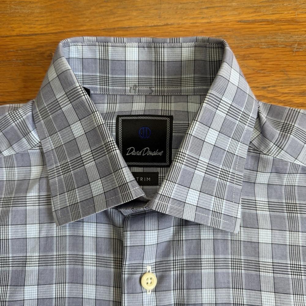 David Donahue Dress Shirt Men 15 32-33 Gingham Plaid Long Sleeve Trim Fit Blue